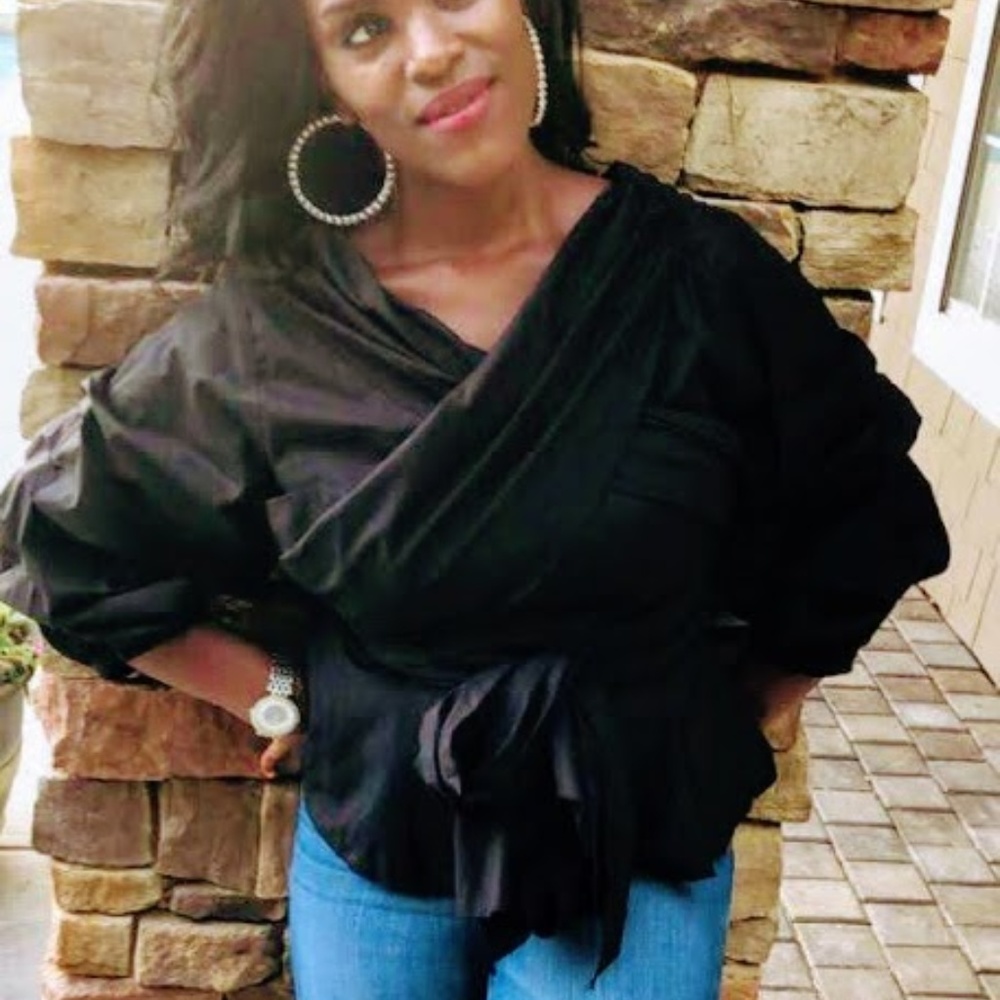 Wrap Front Ruched Bubble Sleeve Blouse